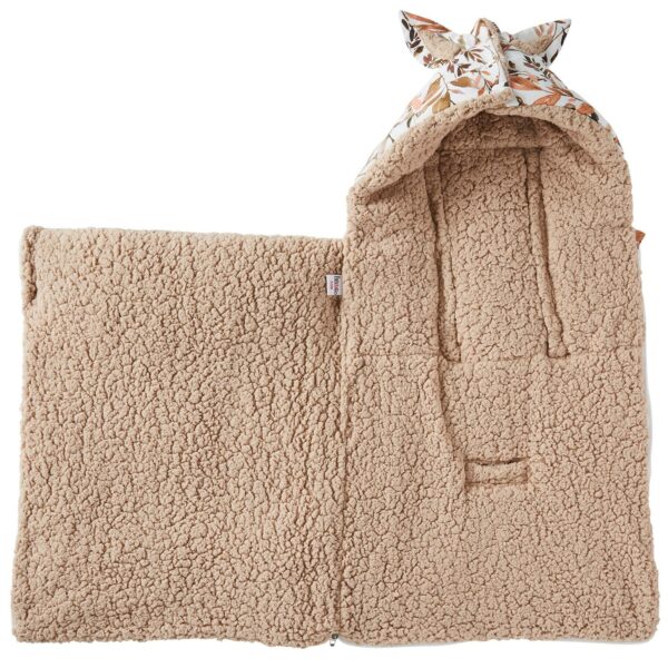Nid d’ange bébé 405 g en coton imprimé feuillage, intérieur sherpa marron 100 % polyester – douceur et chaleur.