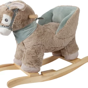 Âne à bascule personnalisable avec siège rembourré 56×32×48 cm, peluche douce, structure bois et prénom brodé sur le foulard
