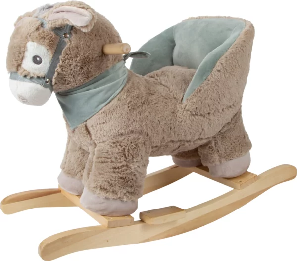 Âne à bascule personnalisable avec siège rembourré 56×32×48 cm, peluche douce, structure bois et prénom brodé sur le foulard
