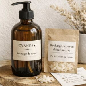 Kit Rituel Lavant "Recharge de savon" Cyaness & Copeaux de savon bio au lait d'ânesse parfum fleur de coton