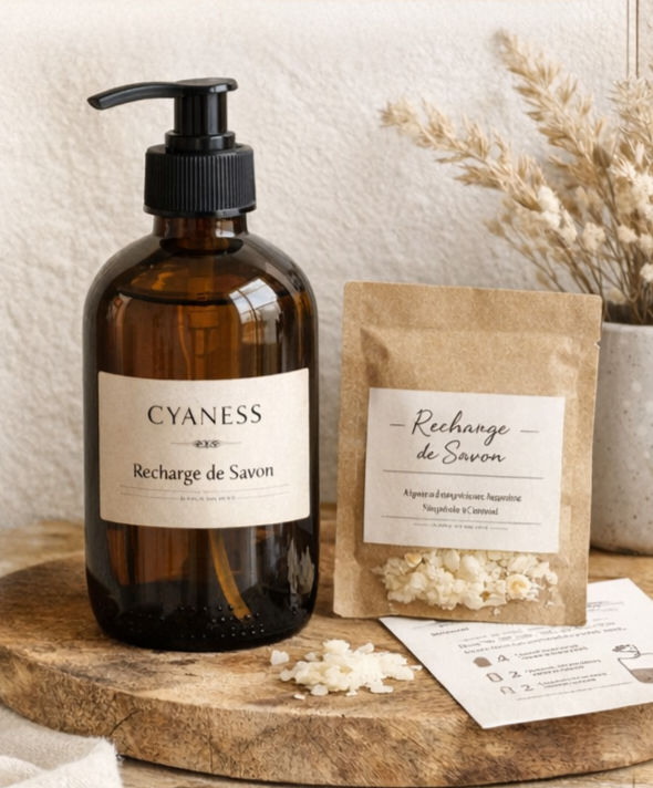 Kit Rituel Lavant Rechargeable Cyaness - Copeaux de savon bio au lait d'ânesse parfum fleur de coton